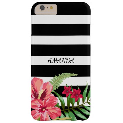 Black And White Stripes  And Pink Flowers Barely There iPhone 6 Plus Case