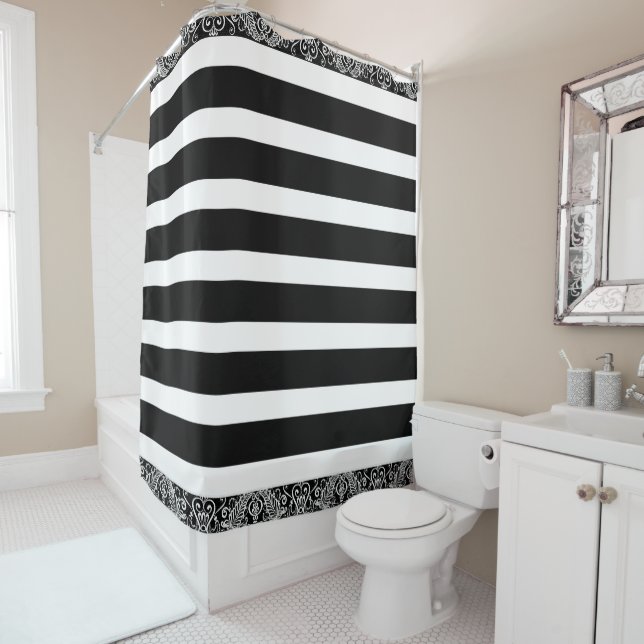 Black And White Stripes And White Lace Shower Curtain (In Situ)
