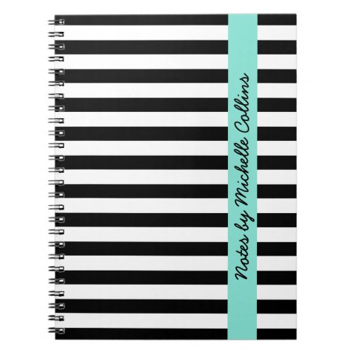 Black and white stripes aqua personalized name notebook