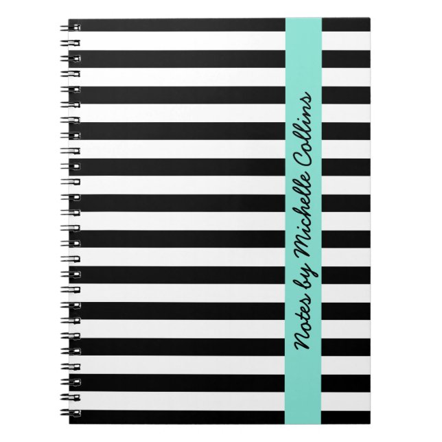 Black and white stripes aqua personalized name notebook (Front)