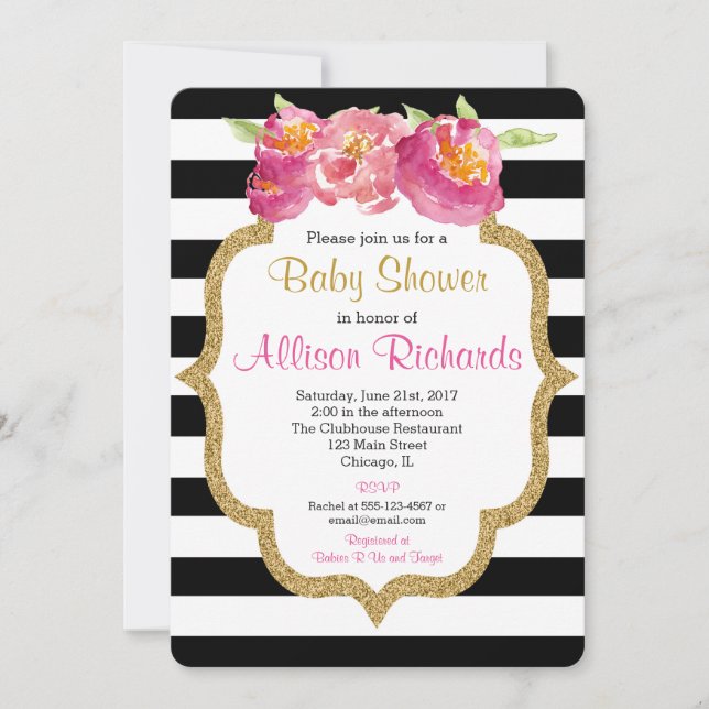 black and white stripes baby shower invitation (Front)