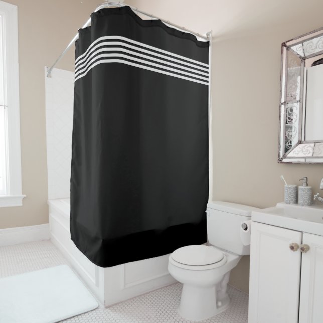 Black and white stripes bathroom shower curtain (In Situ)