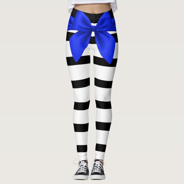 Black and White Stripes Blue Bow Leggings (Front)