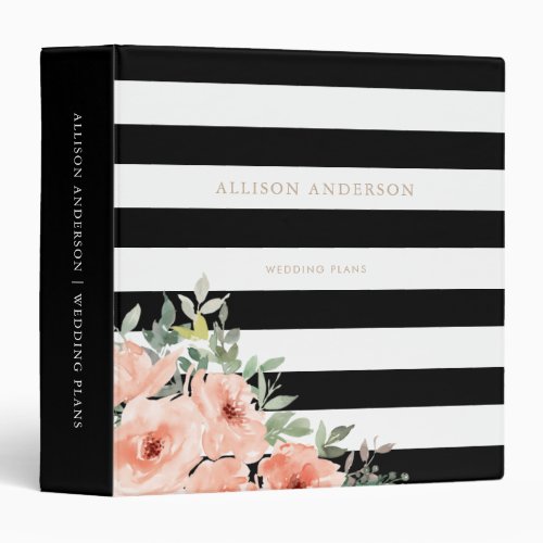 Black and White Stripes Blush Pink Floral 3 Ring Binder