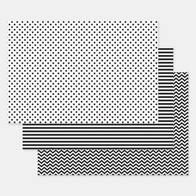 Black and White Stripes Chevron Polka Dots Wrapping Paper Sheets (Set)