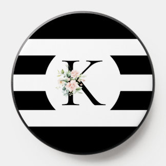 Black and white stripes Custom Floral Monogram PopSocket