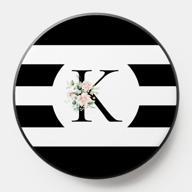 Black and white stripes Custom Floral Monogram PopSocket (Popsocket)