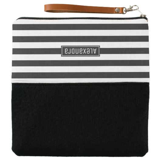 Black and White Stripes Elegant Chic | Custom Name Clutch (Outside Open)