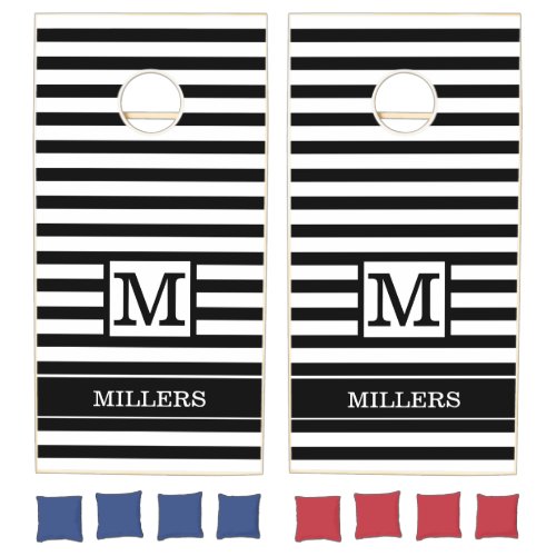Black And White Stripes Family Name Monogram Cornhole Set