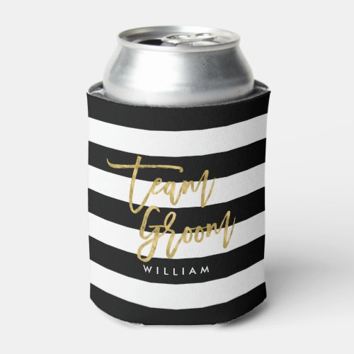 Black and White Stripes Faux Gold Team Groom Can Cooler