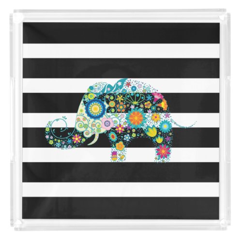 black and white stripes floral elephant acrylic tray