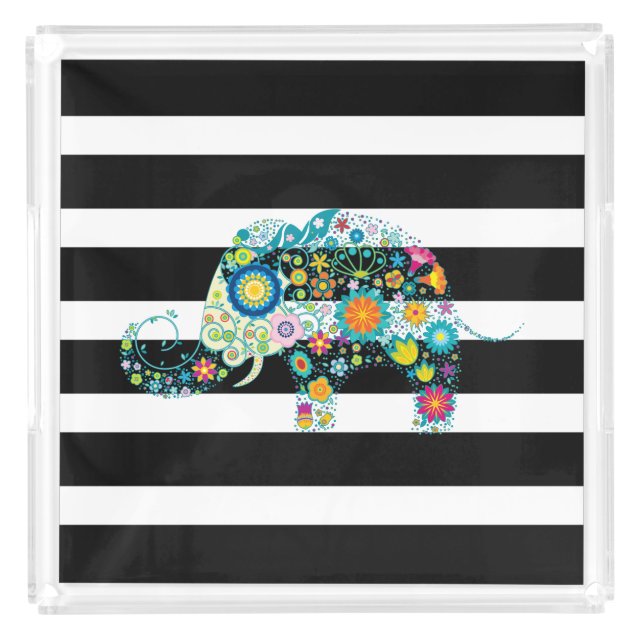 black and white stripes floral elephant acrylic tray (Front)