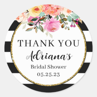 Black and White Stripes Floral favor Classic Round Sticker