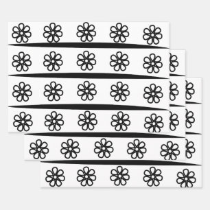Black and White Stripes Floral Pattern    Wrapping Paper Sheets