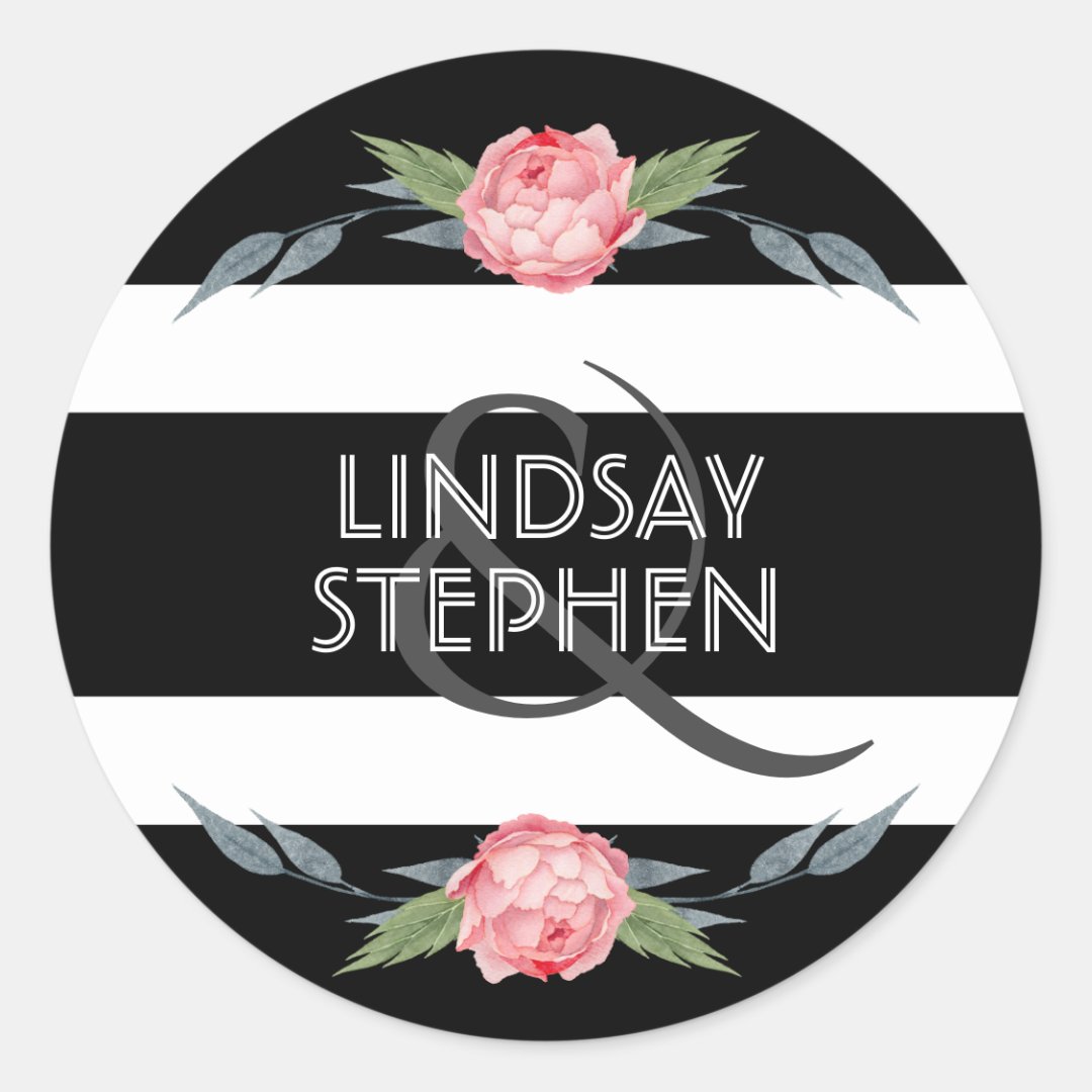 Black and White Stripes Floral Wedding Classic Round Sticker | Zazzle