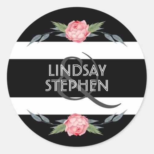 Black and White Stripes Floral Wedding Classic Round Sticker