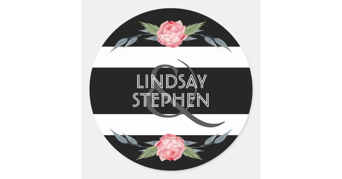 Black and White Stripes Floral Wedding Classic Round Sticker | Zazzle