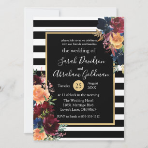 Black and White Stripes Flowers Red Navy Wedding Invitation