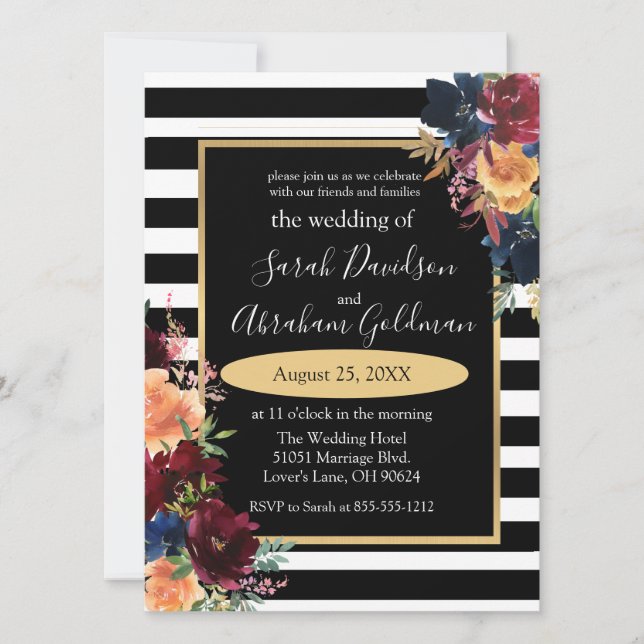 Black and White Stripes Flowers Red Navy Wedding   Invitation (Front)