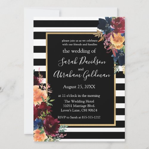 Black and White Stripes Flowers Red Navy Wedding   Invitation