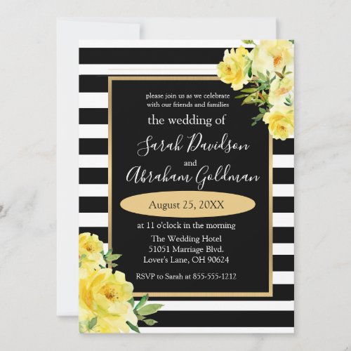 Black and White Stripes Flowers Roses Wedding  Inv Invitation