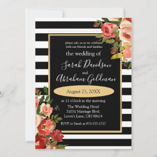 Black and White Stripes Flowers Roses Wedding  Inv Invitation