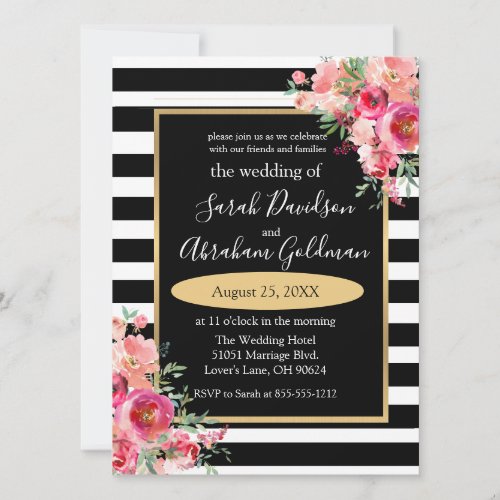 Black and White Stripes Flowers Roses Wedding  Inv Invitation