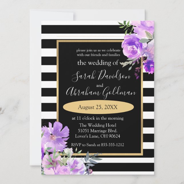Black and White Stripes Flowers Roses Wedding  Inv Invitation (Front)