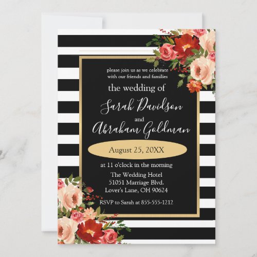 Black and White Stripes Flowers Roses Wedding  Inv Invitation