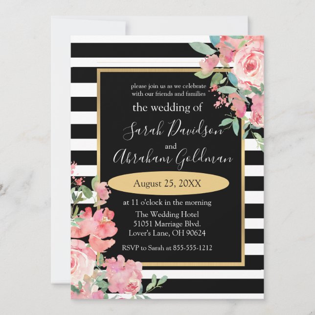 Black and White Stripes Flowers Roses Wedding  Inv Invitation (Front)