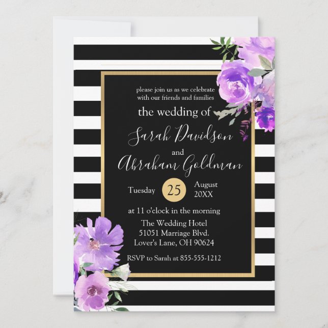 Black and White Stripes Flowers Roses Wedding  Invitation (Front)