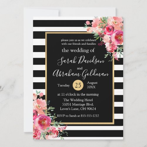 Black and White Stripes Flowers Roses Wedding  Invitation
