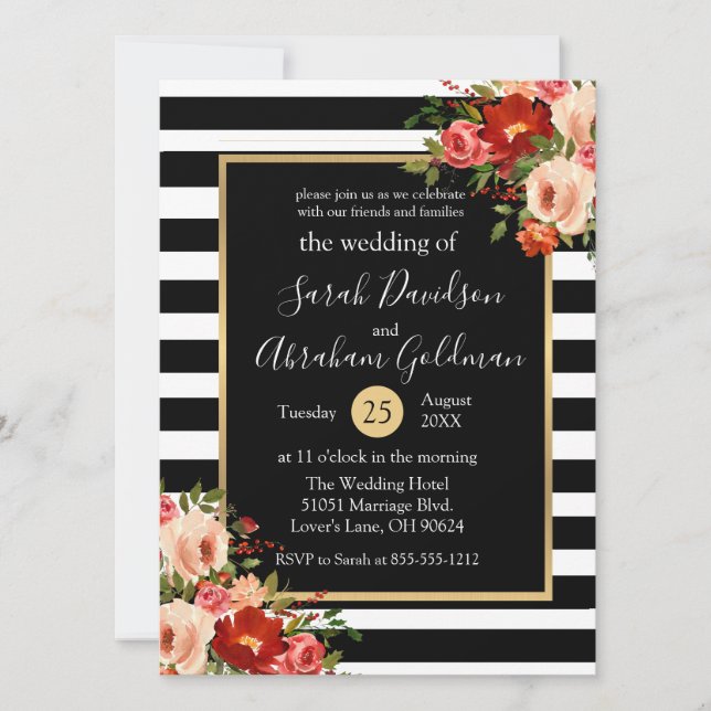 Black and White Stripes Flowers Roses Wedding  Invitation (Front)