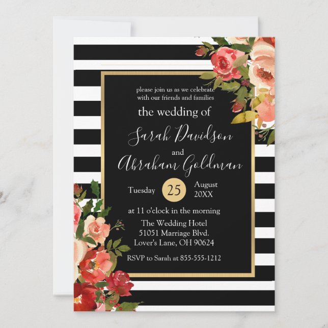 Black and White Stripes Flowers Roses Wedding  Invitation (Front)