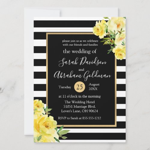 Black and White Stripes Flowers Roses Wedding  Invitation