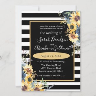 Black and White Stripes Flowers Sunflowers Wedding Invitation