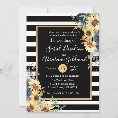 Black and White Stripes Flowers Sunflowers Wedding Invitation