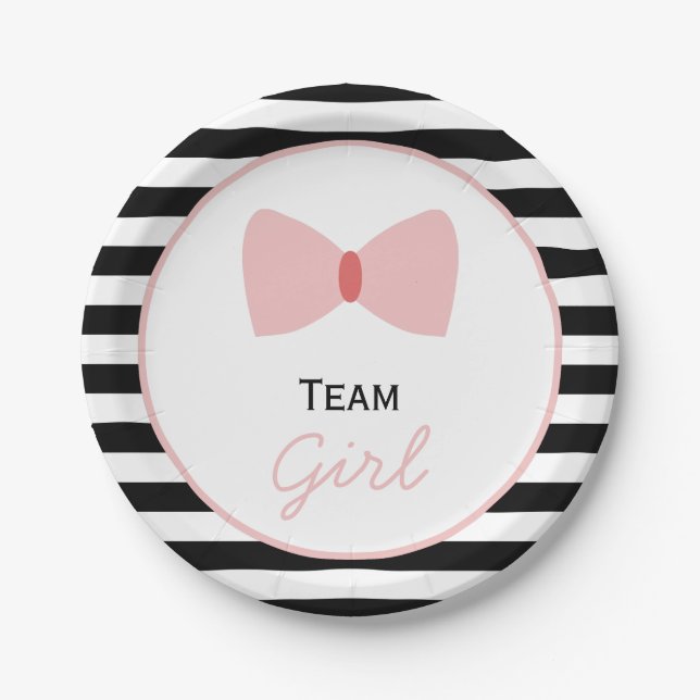 Black and white Stripes Gender Reveal  Bow Paper Plates (Front)