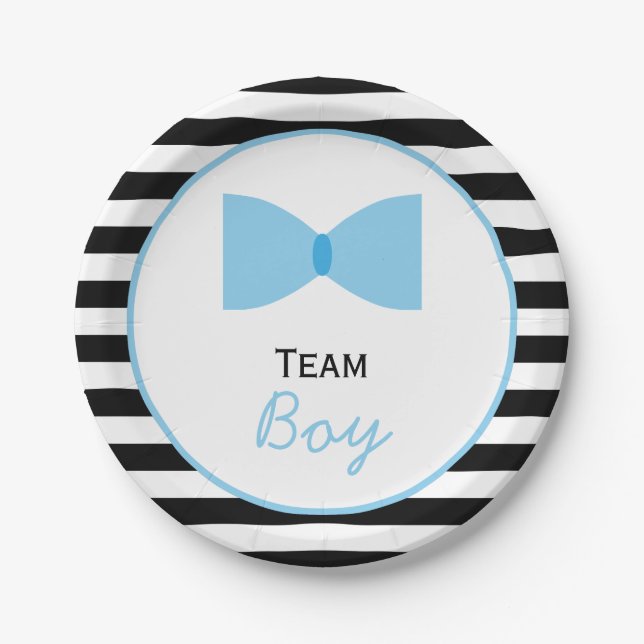 Black and white Stripes Gender Reveal  Bow Tie Paper Plates (Front)
