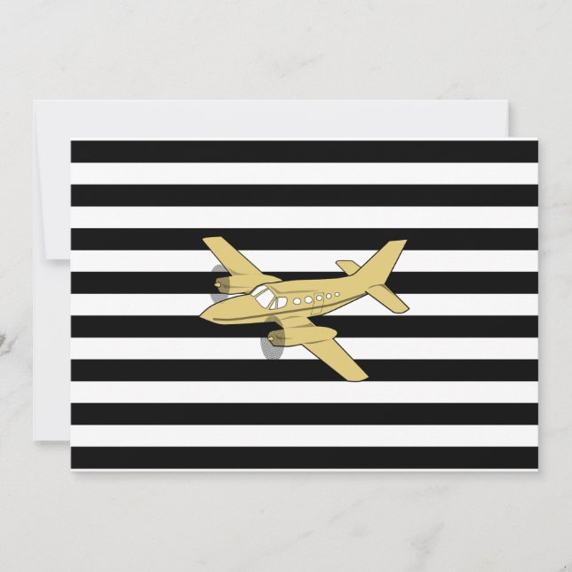 Black and white stripes & gold airplane  invitation (Front)