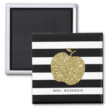 Black And White Stripes Gold Apple Teacher Magnet by DearHenryDesign at Zazzle