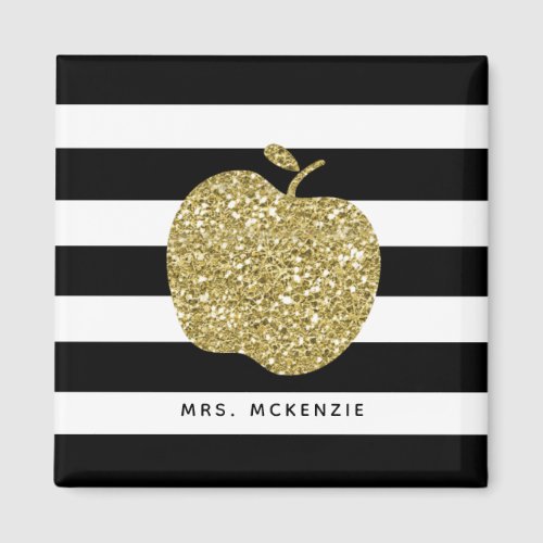 Black and White Stripes Gold Apple Teacher Magnet