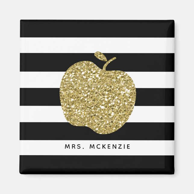 Black and White Stripes Gold Apple Teacher Magnet (Front)
