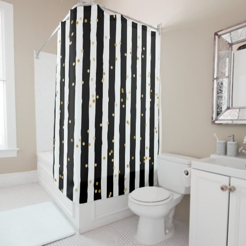 Black and white stripes gold dots pattern shower curtain
