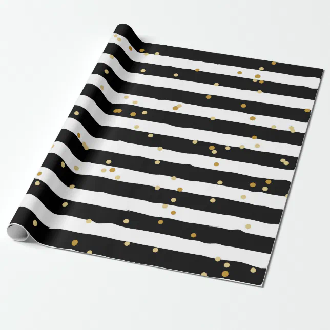 Black and white stripes gold dots pattern wrapping paper | Zazzle