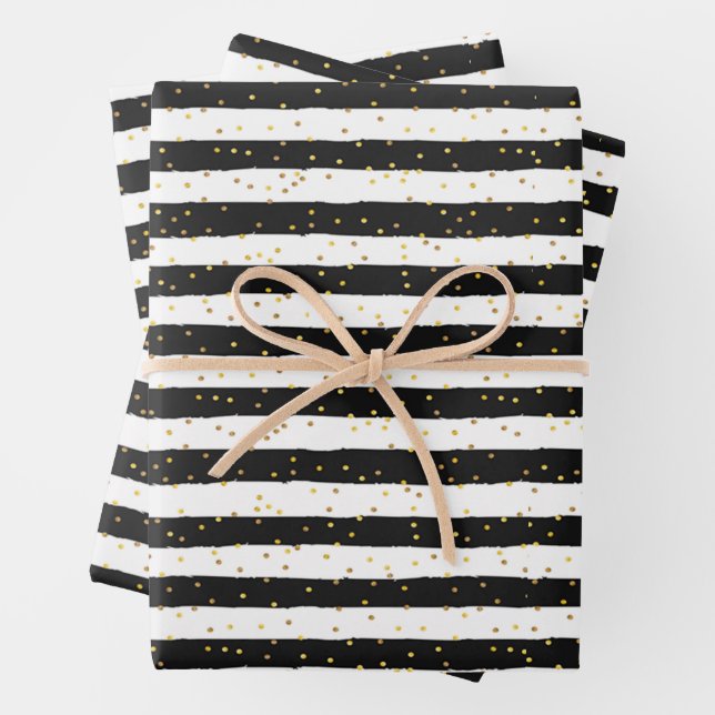 Black and White Stripes Gold Dots Wrapping Paper Sheets (In situ)