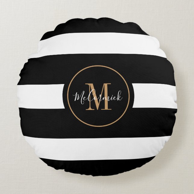 Black And White Stripes Gold Family Monogrammed Round Pillow (Front)