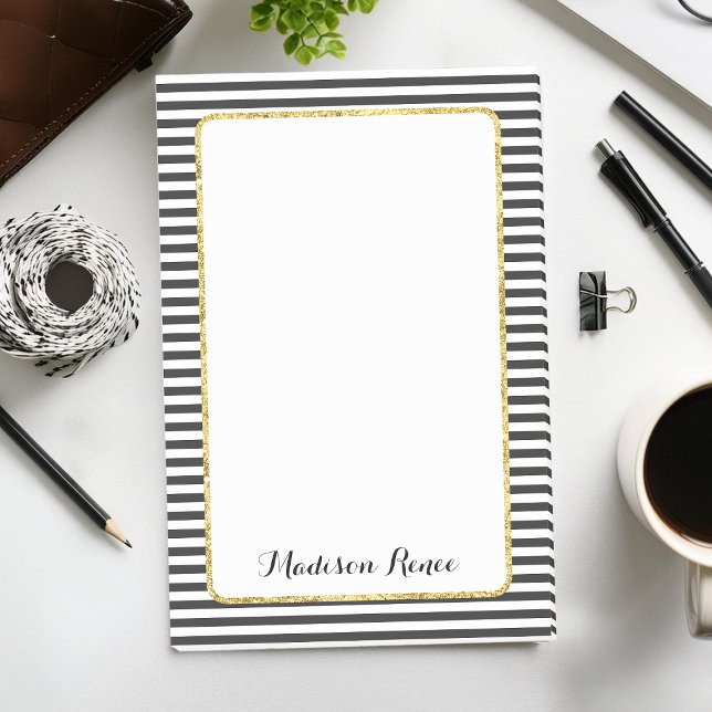 Black and White Stripes Gold Foil Frame Monogram Post-it Notes (Creator Uploaded)