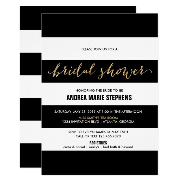 Black And White Stripes Gold Glitter Bridal Shower Invitation