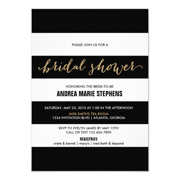 Black And White Stripes Gold Glitter Bridal Shower Invitation